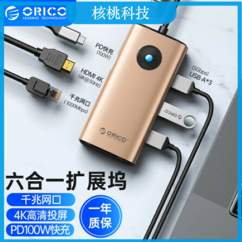 奥睿科（ORICO）Type-C扩展坞拓展HDMI转接头PD充电USB分线器适用苹果macbook电脑ipad转换器华为 六合一HDMI+千兆网口+PD金ORICO-PW11-6PR-RG-EP